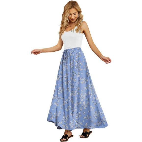 Women's Flowy Maxi Skirt Pleated High Waisted Floral Blue - Picture 1 of 4